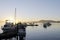 Pleasure boats at the Sidney Spit dock at sunset, Gulf Islands National Park Reserve