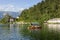 Pleasure boats with tourists on Lake Bled in Slovenia
