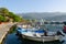 Pleasure boats and yachts at pier on waterfront of resort of Budva, Montenegro