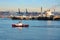 Pleasure boats and yachts, seagoing vessels and tugboats on the roads of the port of Tacoma, USA. October, 2019.