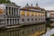 Plecnik arcade market building and Ljubljanica river in Ljubljana, Sloven