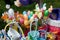 Plenty of colorful Easter eggs and wooden baskets handmade