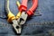 Pliers pliers metal pliers rubber set of hand tools working with electricity on a jeans background