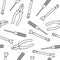 Pliers, wrench and screwdriver, silhouette on a white background. Seamless pattern.