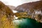 Plitvice Lakes National Park during colorful autumn, Croatia, Europe. Fall colors leafs on trees. Waterfalls and water in sunny