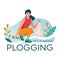 Plogging banner. Young woman pick up plastic bottle