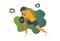 Plogging, vector illustration concept of fitness activity trend: jogging athlete picking up a bag of garbage, litter or trash.