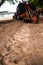 Ploughing heavy tractor during cultivation agriculture works