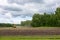 Ploughing Tractor At Field Cultivation Work. machine plows the field, harrows and cultivates the soil for sowing grain