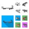 Plow, combine thresher, trailer and other agricultural devices. Agricultural machinery set collection icons in