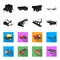 Plow, combine thresher, trailer and other agricultural devices. Agricultural machinery set collection icons in black