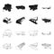 Plow, combine thresher, trailer and other agricultural devices. Agricultural machinery set collection icons in black