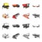 Plow, combine thresher, trailer and other agricultural devices. Agricultural machinery set collection icons in cartoon