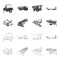 Plow, combine thresher, trailer and other agricultural devices. Agricultural machinery set collection icons in outline