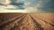 Plowed agricultural field under dramatic sky. AI Generative