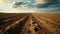 Plowed agricultural field under dramatic sky. AI Generative