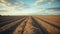 Plowed agricultural field under dramatic sky. AI Generative