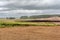 Plowed field after harvesting, agricultural landscape overcast autumn day