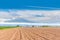 Plowing, tillage, picking, tillage, planting, cultivation, for agriculture area with the blue sky cloud and