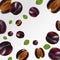 Plum background. Flying plum with green leaf on transparent background. 3D realistic fruits. Falling plum are whole and