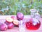 Plum brandy or schnapps with fresh and ripe plums in the grass. Bottle of homemade brandy and jiggers