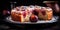 Plum cake on a dark background. Appetizing pie close-up. Generative AI