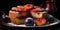 Plum cake on a dark background. Appetizing pie close-up. Generative AI