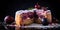 Plum cake on a dark background. Appetizing pie close-up. Generative AI