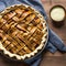 Plum cake with a round grid pattern with a cup of vanilla sauce .