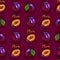 Plum fruit seamless pattern, Hand-drawn plums lettering plum on a purple magenta background. Watercolor stylization