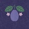 Plum illustration. Plum with leaves and flowers on shabby background. Flat design.