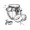 Plum jam glass jar vector drawing. Fruit Jelly and marmalade.