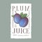 Plum juice label. Healthy fruit beverage. Two blue fruits with leaves on a white label with uneven edge.