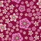 Plum and peach flowers. Crimson background. Seamless pattern.