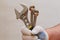 Plumber hand holding adjustable wrench and flexible tubes