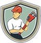 Plumber Holding Monkey Wrench Shield Cartoon