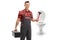 Plumber holding a tool box and a toilet plunger