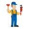 Plumber holds plunger and adjustable spanner