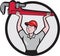 Plumber Lifting Monkey Wrench Circle Cartoon