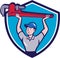 Plumber Lifting Monkey Wrench Crest Cartoon