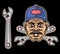 Plumber man head with mustache in cap hat and adjustable wrench vector objects or design elements in colorful style