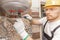 Plumber man installing boiler water heater in bathroom