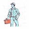 Plumber Man In Orange Jacket Carrying Toolbox - Detailed Linework Illustration