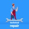 Plumber mechanic handyman standing on wrench technical repair support concept on blue background flat