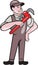 Plumber Pointing Monkey Wrench Standing Cartoon