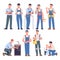 Plumber and Repairman in Blue Uniform with Tool and Instrument Working and Fixing Vector Set
