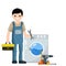 Plumber repairs washing machine. Breakdown of household appliance