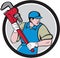 Plumber Running Monkey Wrench Circle Cartoon