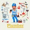 Plumber service profession with tools to fix. Character design -