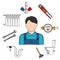 Plumber sketch icon with hand tools and equipments